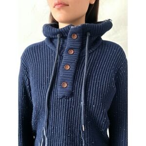 Prana Blue‎ Ribbed Womens Wool Blend Knit Hooded Henley Sweater Large
